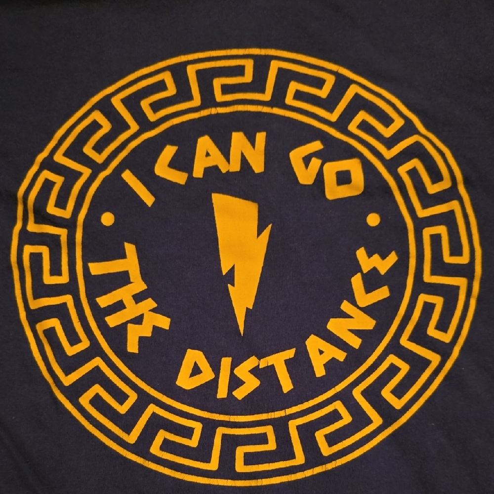 Navy Blue Graphic Tee with Yellow Design Hercules I Can Go The Distance Large.